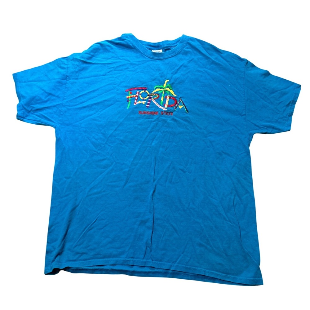 Gildan Florida Sunshine State Embroidered T-Shirt Blue XL Short Sleeve Cotton